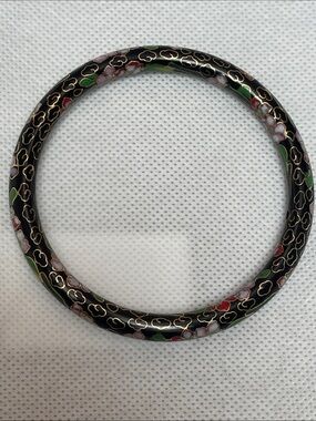 Vintage black Cloisonné bangle bracelet with pink, red and green floral design